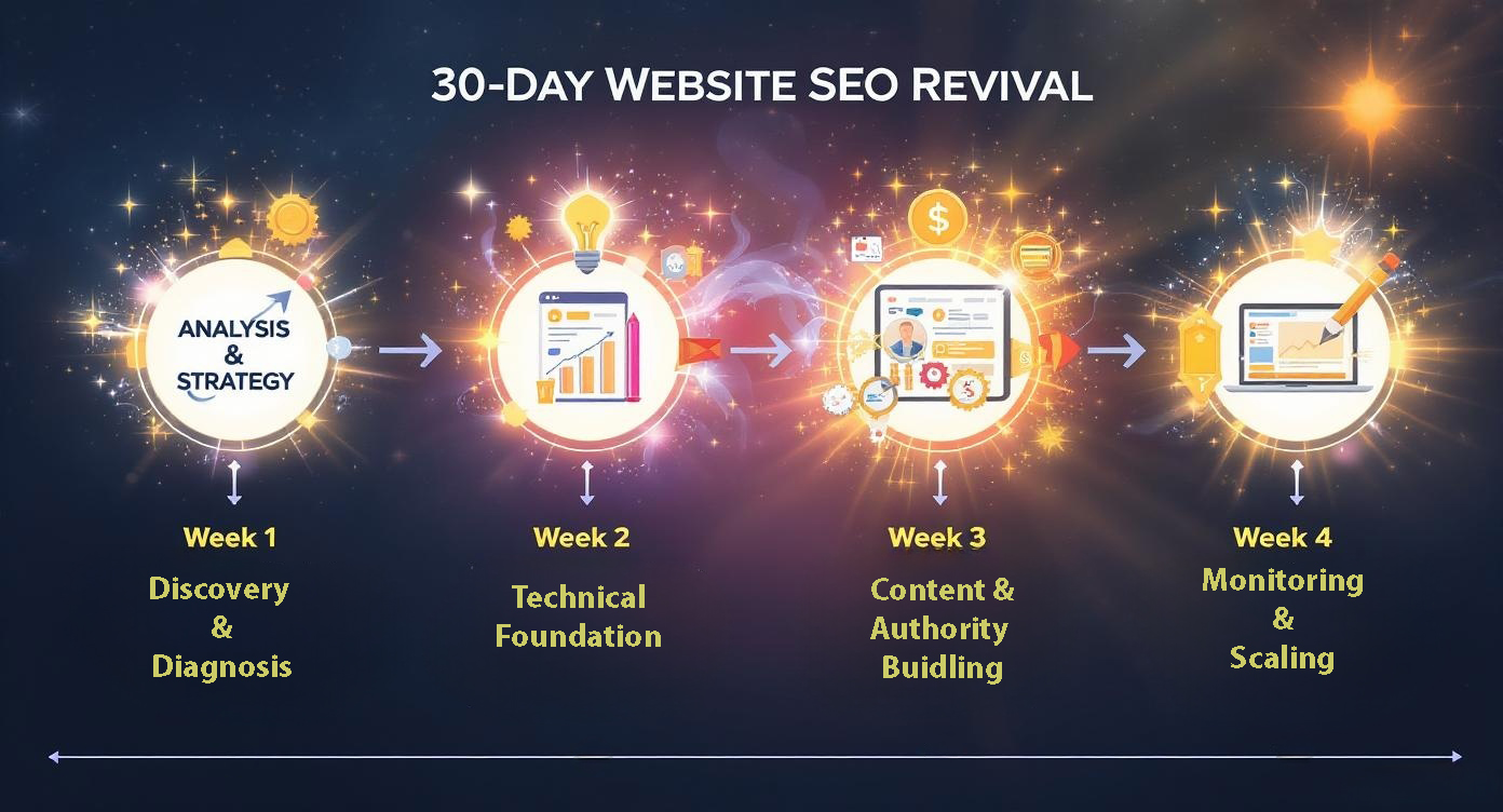 Professional timeline with inspiring transformation elements showing website SEO revival journey mapped in clear milestones