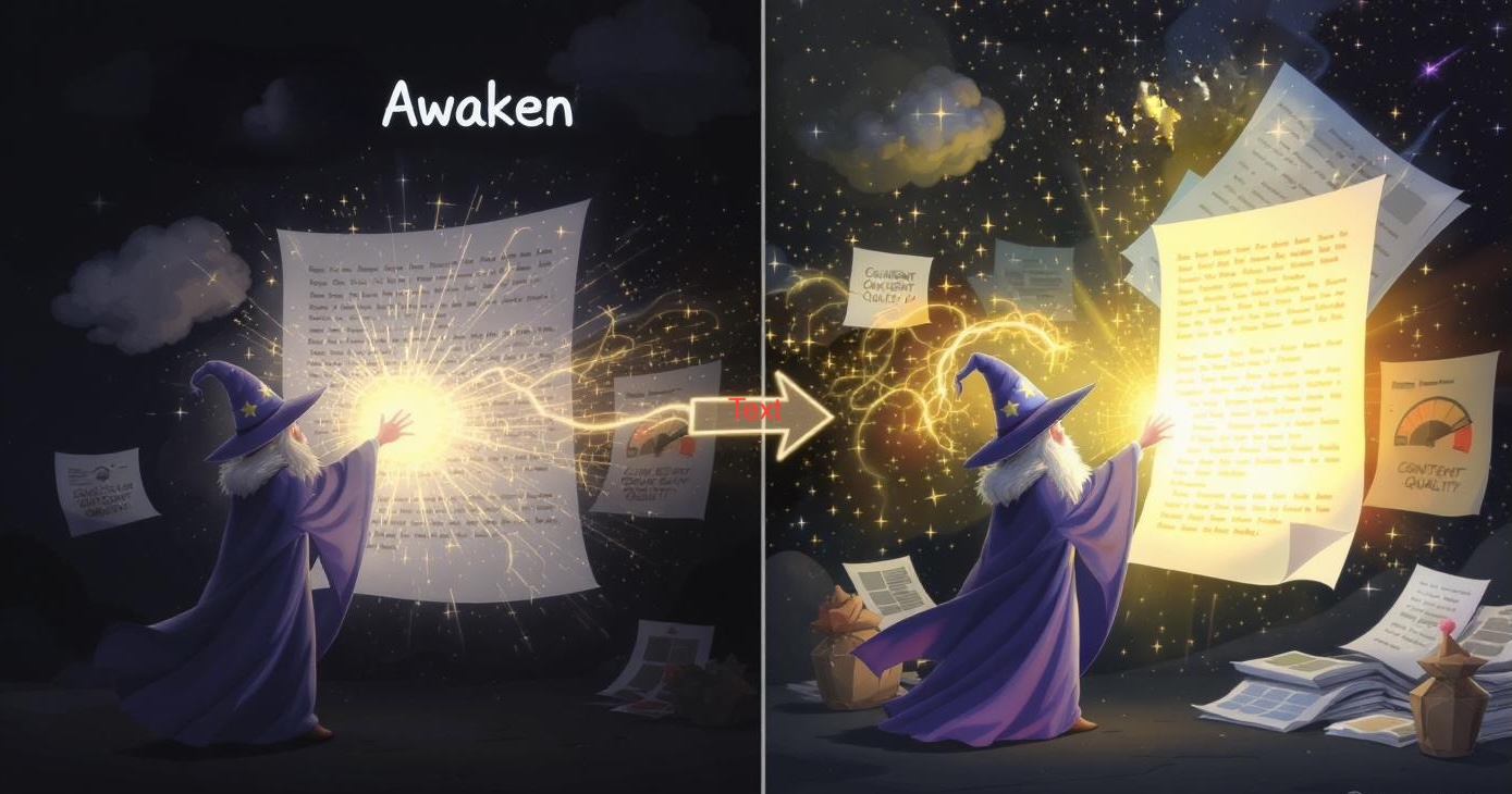 Magical transformation illustration with educational clarity showing AI wizard casting content spells to optimize website pages