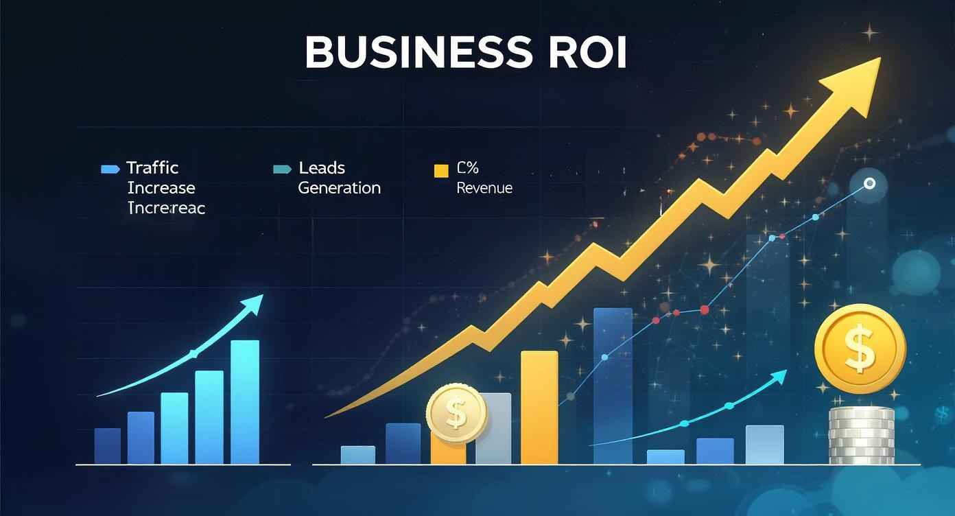 Professional business infographic with success visualization showing projected returns from website SEO revival investment