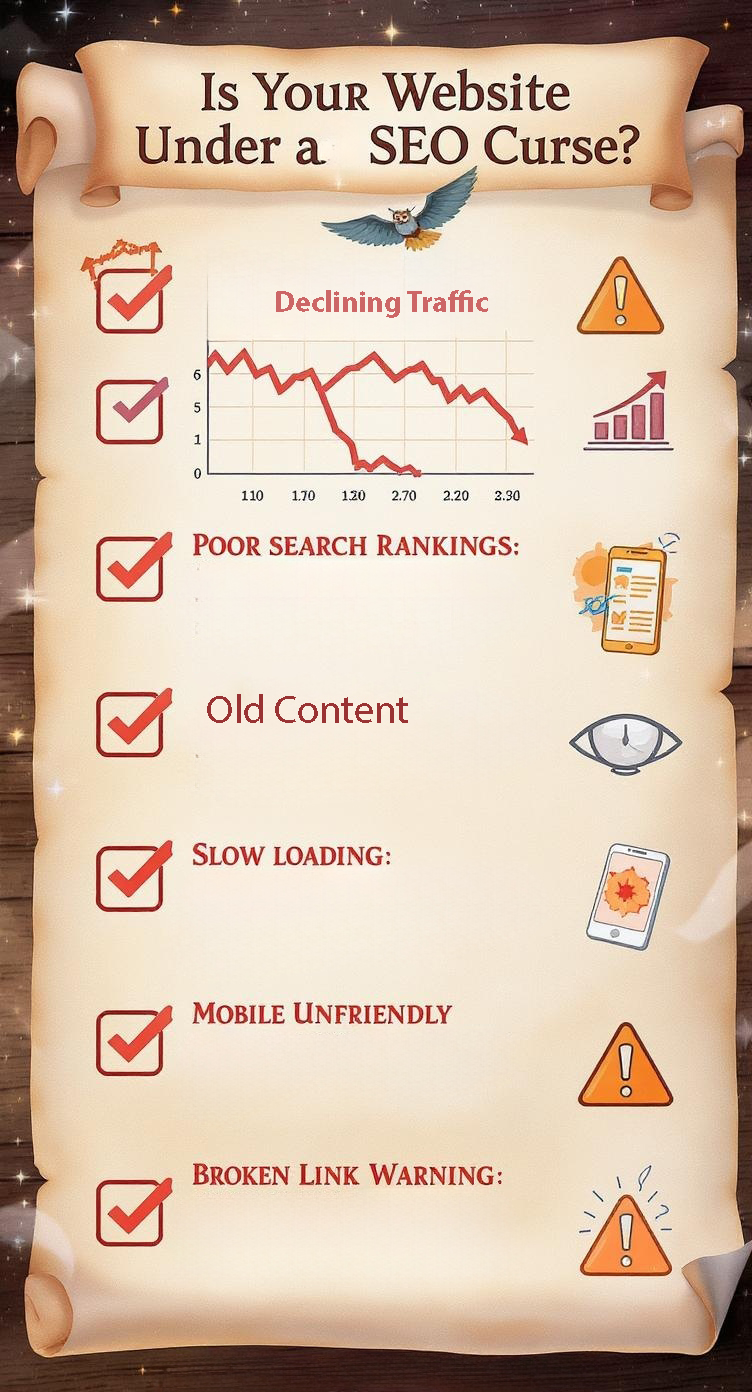 Professional infographic checklist with fairy tale warning elements showing signs small business website needs SEO revival