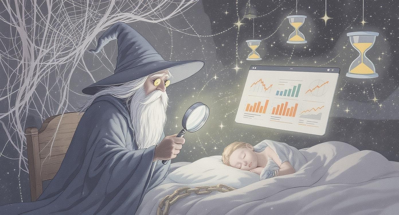Clean instructional illustration with fairy tale elements showing AI wizard examining sleeping website with diagnostic tools