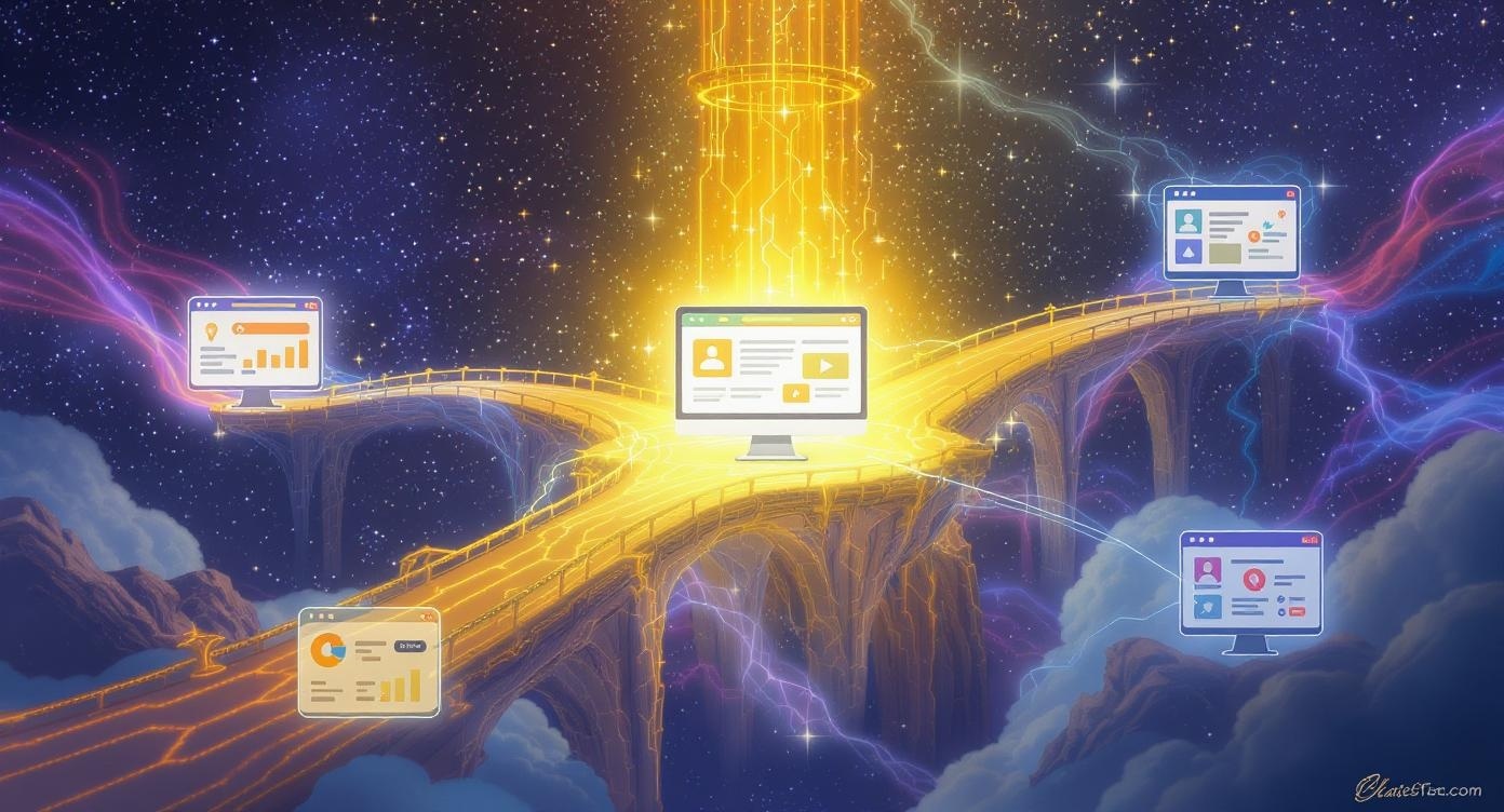Network connection illustration with magical authority building theme showing digital bridges connecting websites with golden backlink streams